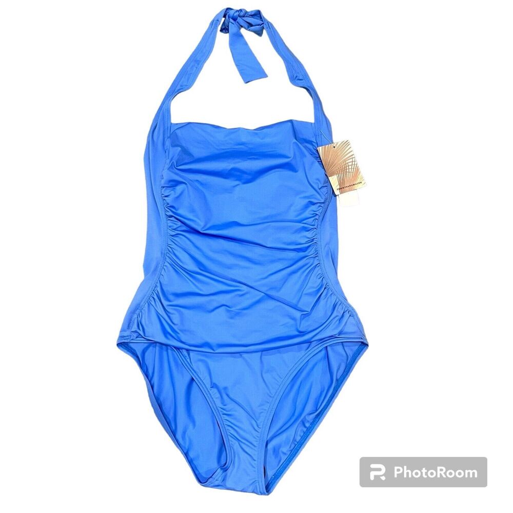 Tommy Bahama Sunkissed Solid  Shaped Front Halter Cup Tank 1-pc Swimsuit Blue 8